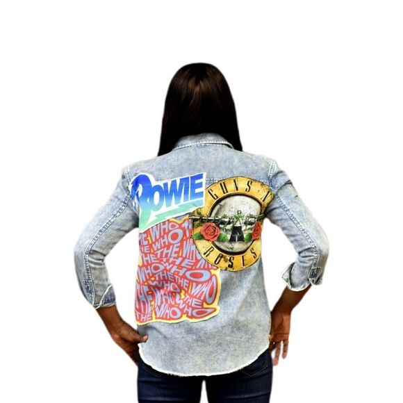 Oversized Light Wash Button Down W/ Rock Back Patch - Picture 3 of 7